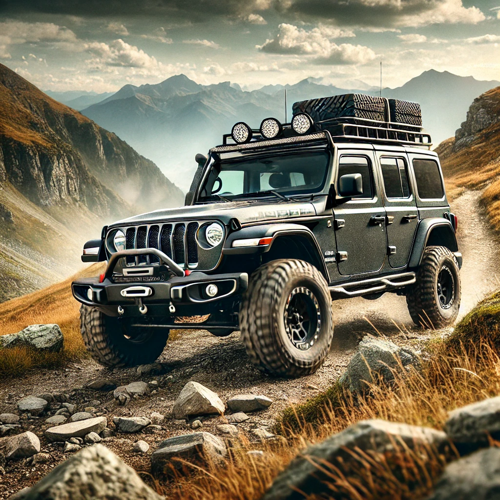 DALL·E-2024-11-03-23.51.43-A-Jeep-equipped-with-essential-off-road-accessories-like-a-roof-rack-skid-plates-and-a-snorkel-navigating-through-a-rocky-trail-with-mountains-in-t Jeep Wrangler & Gladiator Glossary: Essential Terms & FAQs