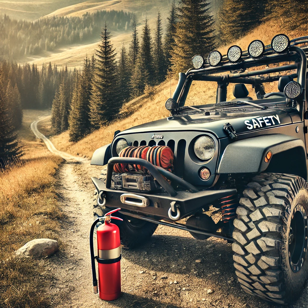 DALL·E-2024-11-03-23.54.28-A-Jeep-with-visible-safety-gear-like-a-roll-cage-and-a-fire-extinguisher-mount-parked-on-a-trail-with-an-open-forested-landscape.-The-image-should-e Jeep Wrangler & Gladiator Glossary: Essential Terms & FAQs