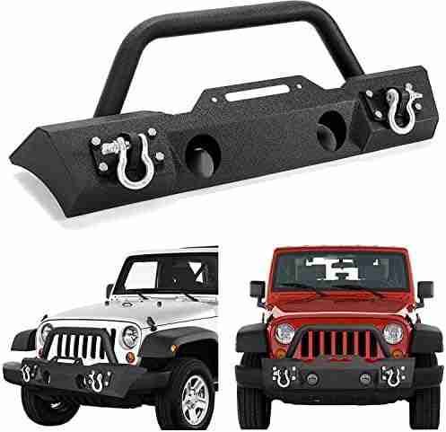 ECOTRIC Stubby Front Bumper Compatible With 2007-2023 Jeep Wrangler JK JL Gladiator JT W/Fog Light Housing & D-rings Steel Powder Coated Black