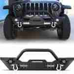 Front Bumper Fits For 2007-2024 Jeep Wrangler JK JL & 2020-2023 Gladiator JT, Off Road Heavy Duty Steel Bumper with 4 x LED Lights & 2 x D-Rings & Winch