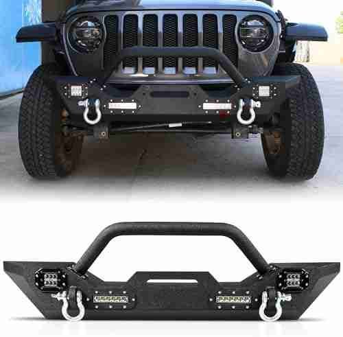 Front Bumper Fits For 2007-2024 Jeep Wrangler JK JL & 2020-2023 Gladiator JT, Off Road Heavy Duty Steel Bumper with 4 x LED Lights & 2 x D-Rings & Winch