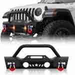 Front bumper compatible with 2007-2024 Wrangler JK JKU JL JLU Unlimited and Glated JT (2/4 Door) Bull Bar Built-in Winch installation boards and 2 d-ring