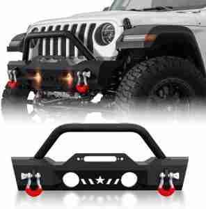 Front bumper compatible with 2007-2024 Wrangler JK JKU JL JLU Unlimited and Glated JT (2/4 Door) Bull Bar Built-in Winch installation boards and 2 d-ring