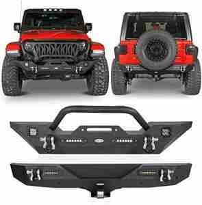 Hooke Road JL Front Bumper & Rear Bumper Combo Offroad Bumper Guard w/D-Rings Winch Plate & LED Lights for 2018-2024 Jeep Wrangler JL 2/4 Doors (Solid Steel)