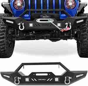 OEDRO Front Bumper Compatible with 2018-2024 Jeep Wrangler JL & Unlimited, 20-24 Gladiator, Rock Crawler Bumper with Winch Plate Mounting & 4 x LED Lights & 2 x