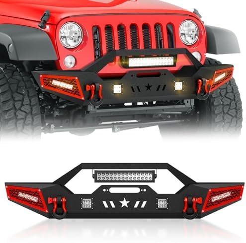 Off-road Front Bumper Compatible with 2007-2024 Jeep Wrangler JK JL JKU JLU Unlimited & Gladiator JT (2/4 Doors) Built-in Paintable Armor, Winch Plate, 5 x LED