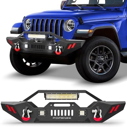 Front Bumper Bar with Winch Plate for Wrangler JK JL Gladiator 2007-2024 Textured Black Steel Bumper with 144W LED Light Bar & 18W Square Light