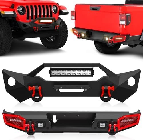 Front & Rear Bumpers Compatible with 2020 2021 2022 2023 2024 Jeep Gladiator JT with Winch Plate, LED Lights, License Plate Bracket, Sensor Holes, Paintable…