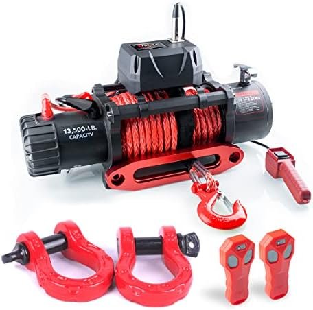 GRIPWAY 13500lb Waterproof Electric Red Synthetic Rope Winch with Hawse Fairlead, Infrared Remote Control and Wired Control