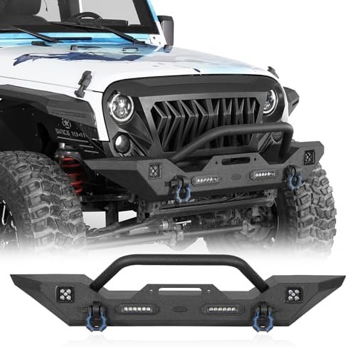 Hooke Road Wrangler JK Front Bumper w/Winch Plate & LED Lights for 2007-2018 Jeep Wrangler JK & Unlimited 2/4 Doors