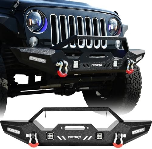 OEDRO Front Bumper, Compatible for 2007-2018 Jeep Wrangler JK & Unlimited, Rock Crawler Bumper with Winch Plate Mounting & 4 x LED Lights & 2 x D-Rings Off Road