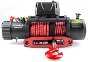 RUGCEL 13500lb Waterproof Electric Red Synthetic Rope Winch with Hawse Fairlead, Wired Handle and 2 Infrared Remote(13500LB RED)