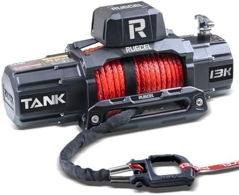 RUGCEL WINCH 13500lb New Waterproof Electric Synthetic Rope Winch 12V with Hawse Fairlead,2 in 1 Infrared Remote Control,Wired Control,Red Rope,for Truck SUV