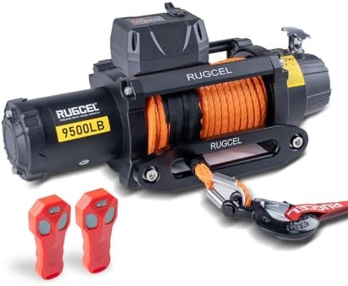 RUGCEL WINCH 9500lb Waterproof Electric Synthetic Rope Powerful Fast 12v Jeep Winch with Hawse Fairlead, Wired Handle