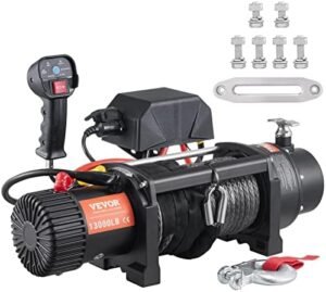 VEVOR Electric Winch, 12V 13,000 lb Load Capacity Nylon Rope Winch, IP67 3/8” x 85ft ATV Winch with Wireless Handheld Remote & Hawse Fairlead for Towing Jeep...