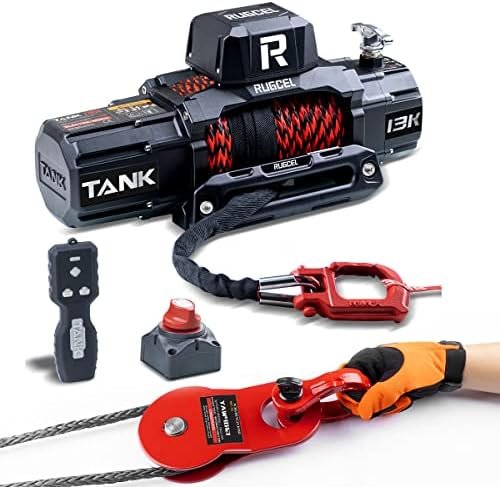 Winch 13500lb Waterproof Electric Synthetic Rope Winch 12V with Hawse Fairlead,Remote, Double Colored Rope,Snatch Block,2 in 1 Infrared Remote Control and Wired...