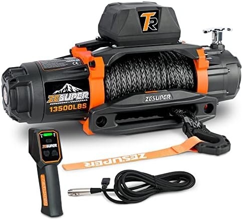 ZESUPER 12V 13500 lb Load Capacity Electric Winch Synthetic Rope Hook Winch Kit Waterproof IP66 Electric Winch with Hawse Fairlead and 2 in 1 Wired Handle and…